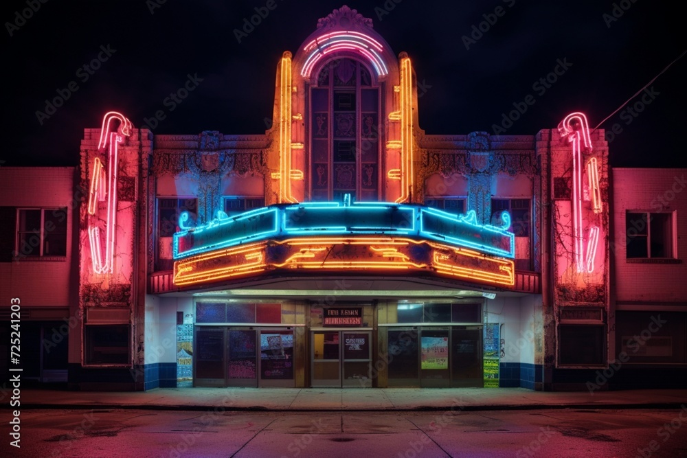 Neon lights outlining the facade of an abandoned theater, with the glow hinting at the stories it once hosted.