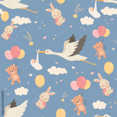 Cute stork flies and carries newborn baby in clouds. Cute bunny and bear flying with balloon. Vector cartoon seamless pattern on blue for fabric, nursery wallpaper
