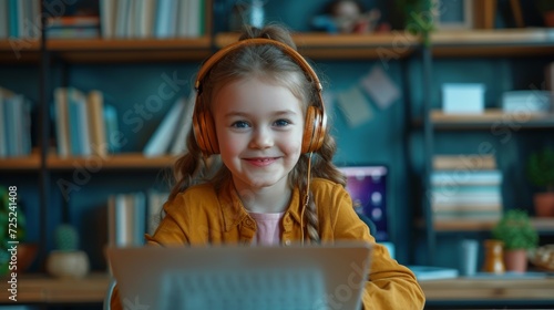 Smiling little girl in headphones has video call distant class with teacher using laptop, study online on computer, homeschooling concept
