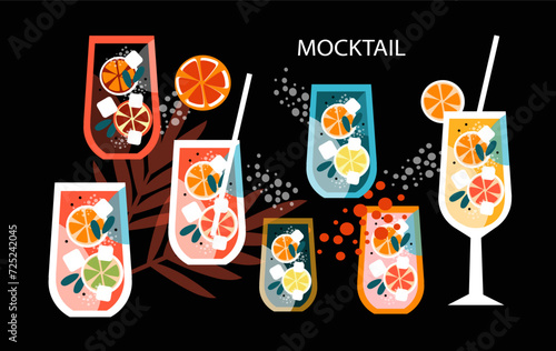 Set wineglass Mocktail with orange. Non-alcoholic cocktail with citrus fruits and mint. Beach kitchen. Cool summer drinks. Vector illustration in the flat style.