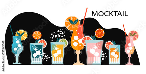 Set wineglass Mocktail with orange. Non-alcoholic cocktail with citrus fruits and mint. Beach kitchen. Cool summer drinks. Vector illustration in the flat style.