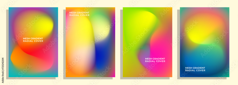 set of colorful pastel radial mesh gradient cover poster background designs.