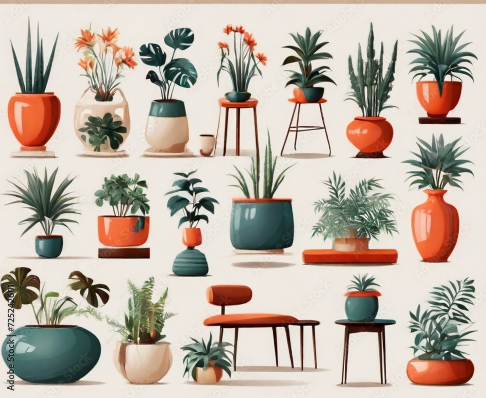 flowers in pots collection Set of different styles of retro vantage and modern vase and interior plants pots furniture cutouts isolated on transparent background - Generative AI flowers in pots collection Set of different styles of retro vantage and modern vase and interior plants pots furniture cutouts isolated on transparent background - Generative AI