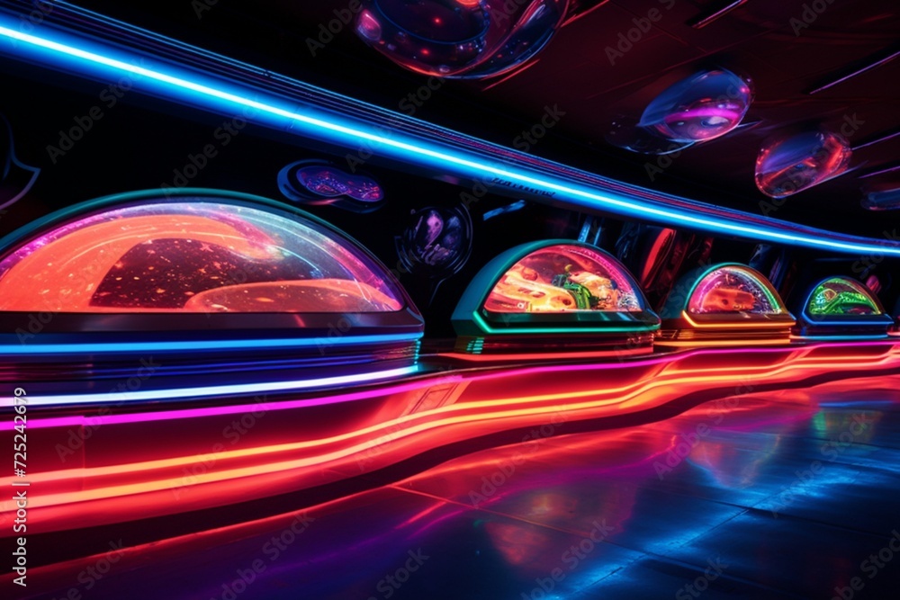 Neon lights tracing the edges of a retro-inspired spaceship exhibit at a futuristic science museum.