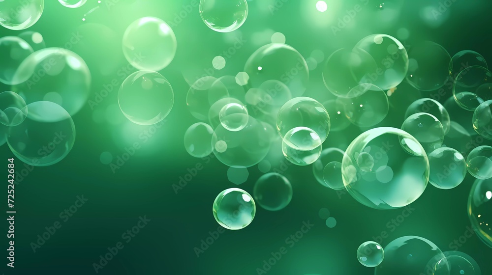 transparent bubbles on green background. generative ai