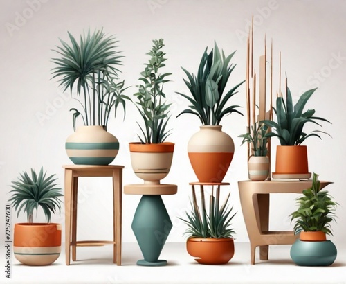collection Set of different styles of retro vantage and modern vase and interior plants pots furniture cutouts isolated on transparent background - Generative AI