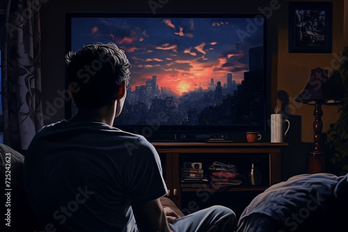 Back view image of cute boy watching streaming service and pointing at the TV screen. guy looking at the screen, nature, home environment