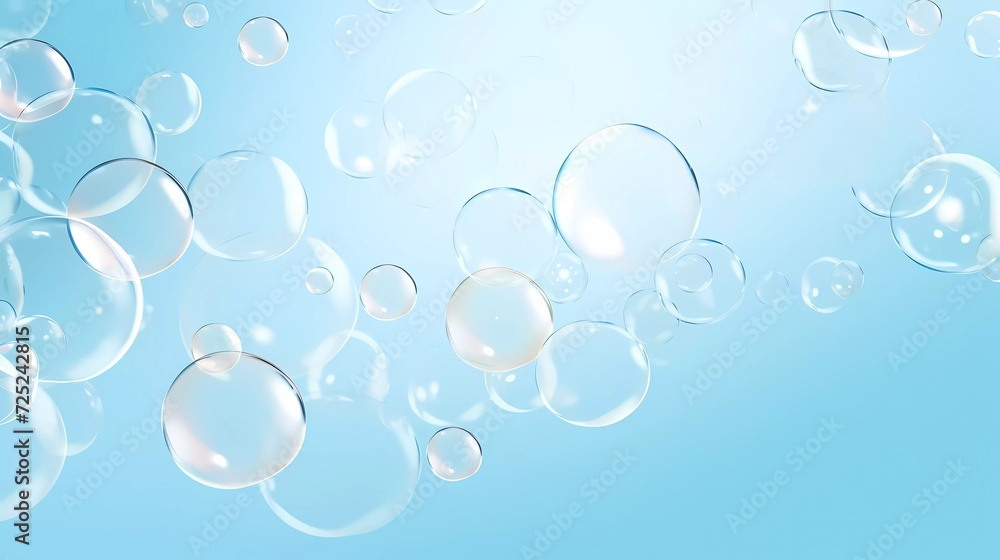 transparent bubbles on light blue background. generative ai