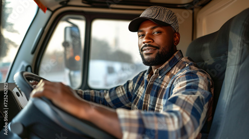 Professional black truck driver coming to work.