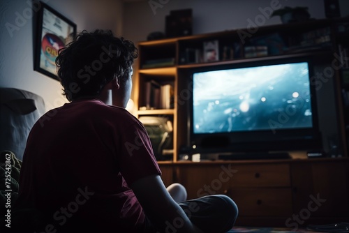 Back view image of cute boy watching streaming service and pointing at the TV screen. guy looking at the screen, nature, home environment
