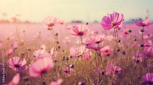 Beautiful cosmos flower in field on vintage tones,generative ai