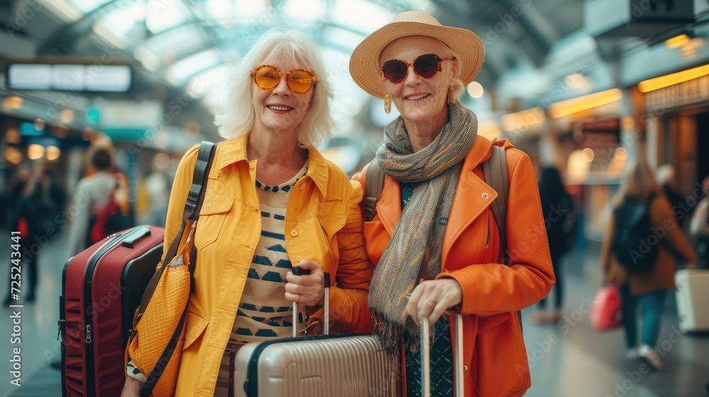 Fototapeta premium Two older colorful pretty women standing in airport with luggage. Generative AI.