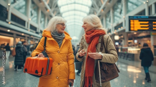 Two older colorful pretty women standing in airport with luggage. Generative AI.
