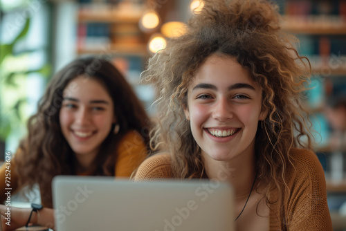 Two attractive young woman colleagues at their desk in an office. Generative AI. © visoot