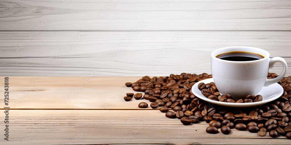 Coffee cup with beans on wooden table and white background for text. Coffee cup with beans on wooden table and white background for text.