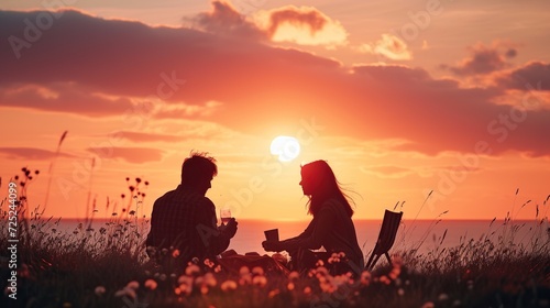 Illustration made from watercolor with the theme of a couple on holiday enjoying the sunset on a hill with the dominant colors orange and black, made using IA