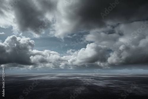 Black Floor Dark Background with Gray Sky and White Clouds