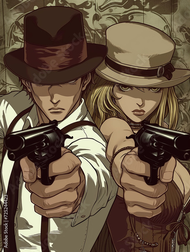 In an anime-style illustration, a close-up depicts Bonnie and Clyde pointing guns directly at the viewer