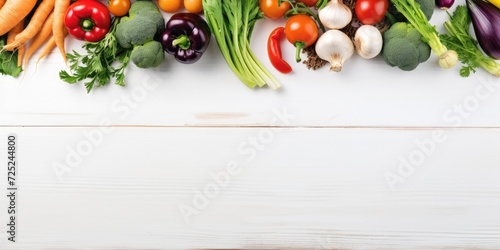 Vegetables on white wood background for menu or recipe mockup.