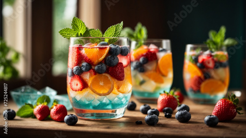 Infused detox water with orange strawberry blueberry and mint ice cold. Generative AI.