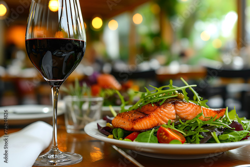 Salmon and greens salad and a glass of red wine on a table in a restaurant