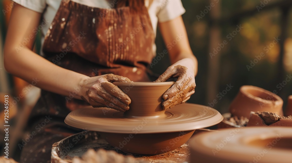 Close-up of a female potter working on pottery wheel. AI. Close-up of a female potter working on pottery wheel. AI.