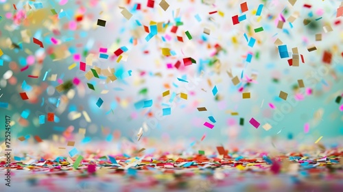Colorful confetti and streamers on a bokeh background. AI.