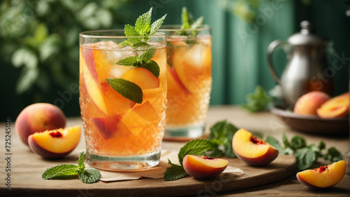 Summer cold tea with peaches and mint. Generative AI.