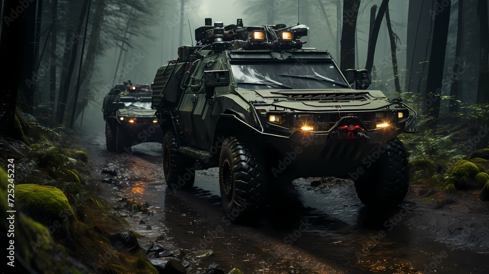 Armored personnel carriers advancing through a dense forest, demonstrating military mobility and strategic deployment