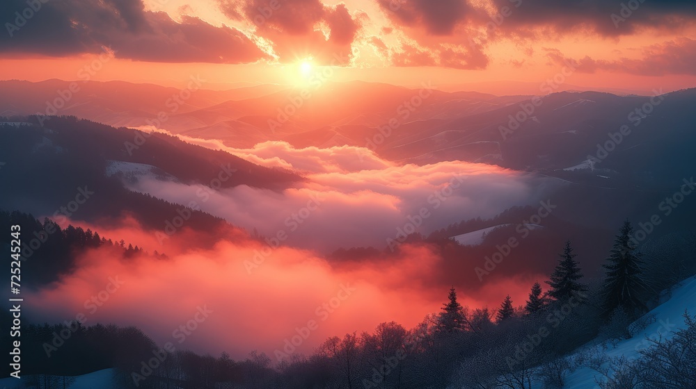 Sunrise Unfolds in the Mountain Mist. Generative AI.
