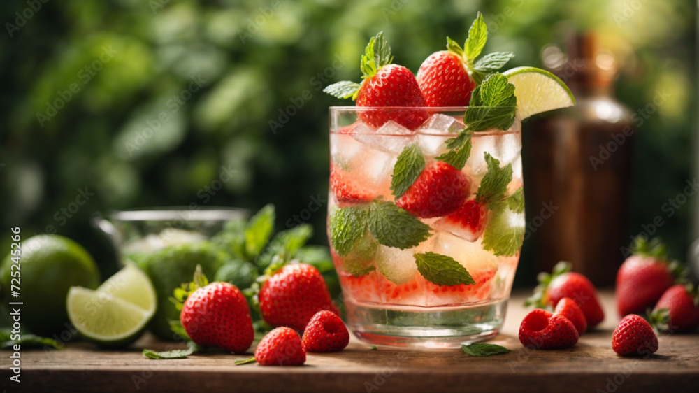 Summer refreshing mojito with strawberry. Generative AI. Summer refreshing mojito with strawberry. Generative AI.