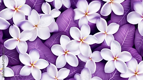 Creative pattern from beautiful white flowers frangipani plumeria alba on violet background generative ai