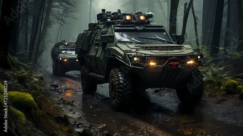 Armored personnel carriers advancing through a dense forest, demonstrating military mobility and strategic deployment photo