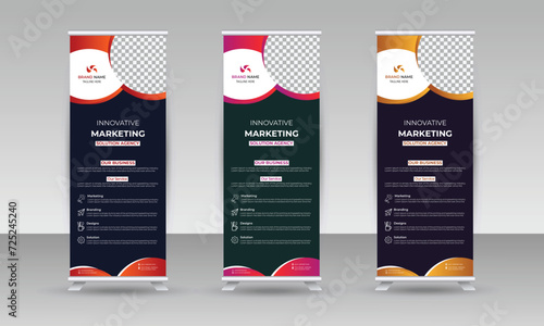 Eye caching modern corporate business rollup banner design with trendy style color and creative shapes,  Business Marketing rollup banner design Template, advertisement, pull up, polygon background, 