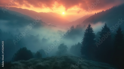 Sunrise Unfolds in the Mountain Mist. Generative AI.