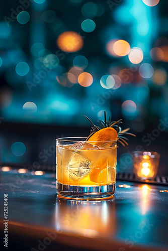 Glass of cocktail in the bar with garnish 