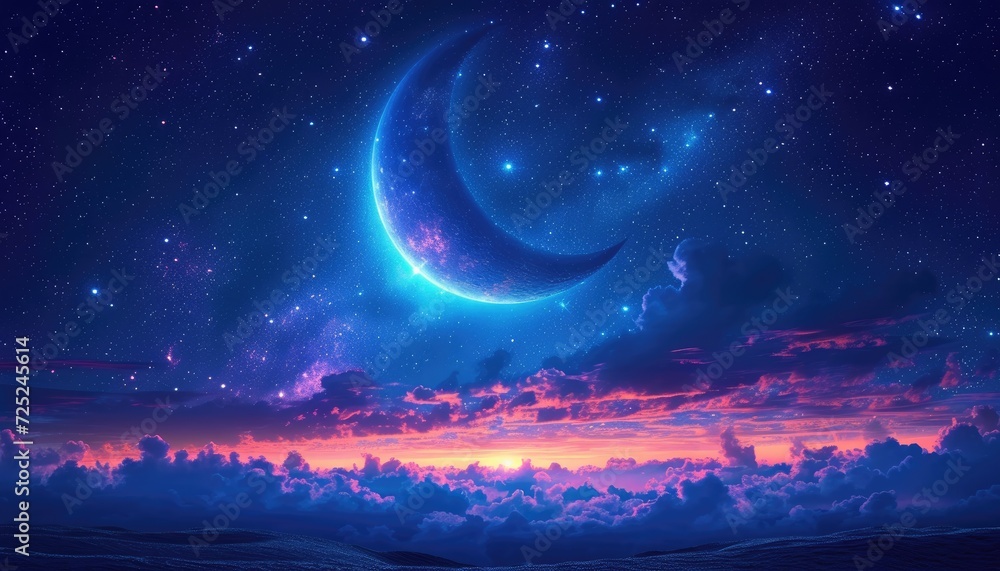 A crescent moon and stars in the night sky. The crescent moon is shining bright in the sky and is surrounded by stars. The background is a beautiful gradient of blue and purple A crescent moon and stars in the night sky. The crescent moon is shining bright in the sky and is surrounded by stars. The background is a beautiful gradient of blue and purple
