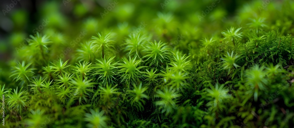 Close-up photograph showcasing the vibrant green color of forest moss. Close-up photograph showcasing the vibrant green color of forest moss.