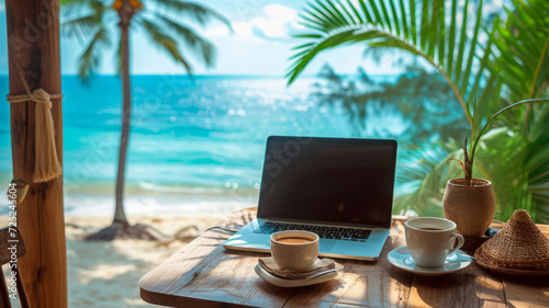 cup of coffee and laptop on table near the beach summer window   generative ai.