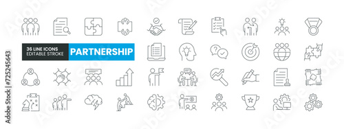 Set of 36 Partnership line icons set. Partnership outline icons with editable stroke collection. Includes Team, Collaboration, Growth, Leadership, Brainstorming, and More.