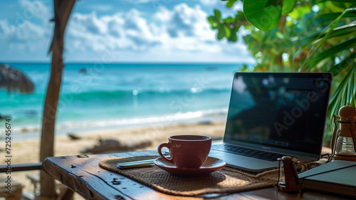 cup of coffee and laptop on table near the beach summer window , generative ai.