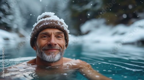 Elderly bathing in the cold water outdoor  in a frozen and snowy lake. Wim Hof Method  cold water therapy  a revolutionary cold plunge ice bath