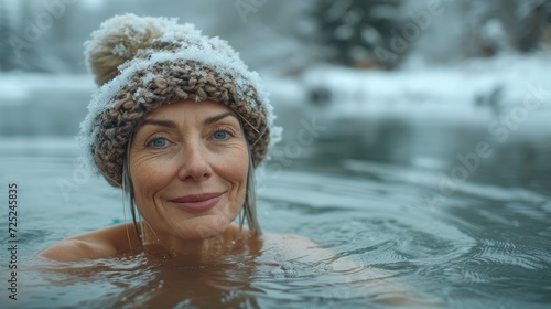  A Revolutionary Cold Plunge Ice Bath. Cold Water Therapy. Woman in winter hat taking ice bath outdoor  cold water of a frozen and snowy lake.  © Rodica