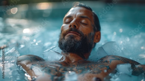 Man relaxing in a tub filled with ice cubes, a Rejuvenating Ice Bath in a Spa, Surrounded by Ice Cubes. Cold water therapy with floating ice cubes. Cold plunge