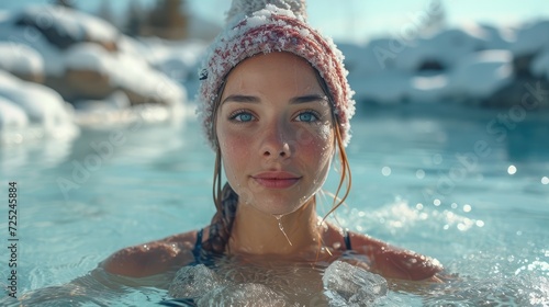  A Revolutionary Cold Plunge Ice Bath. Cold Water Therapy. Woman in winter hat taking ice bath outdoor  cold water of a frozen and snowy lake.  © Rodica