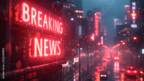 A realistic 3-d graphic with the words "BREAKING NEWS". Bold letters. Neon. Graphic Resource. 