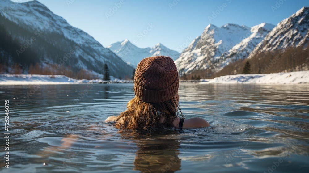  A Revolutionary Cold Plunge Ice Bath. Cold Water Therapy. Woman in winter hat taking ice bath outdoor  cold water of a frozen and snowy lake.  - obrazy, fototapety, plakaty 