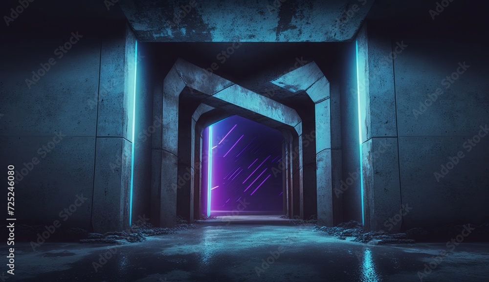Alien Grunge Futuristic Cyber Sci Fi Modern Concrete Warehouse Corridor Tunnel Studio Stage Underground Hangar Blue Purple Vibrant Lasers Neon Lights 3D Rendering Alien Grunge Futuristic Cyber Sci Fi Modern Concrete Warehouse Corridor Tunnel Studio Stage Underground Hangar Blue Purple Vibrant Lasers Neon Lights 3D Rendering