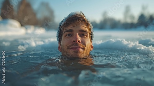  A Revolutionary Cold Plunge Ice Bath. Cold Therapy. Young man in ice water winter, hole of a frozen and snowy lake. 