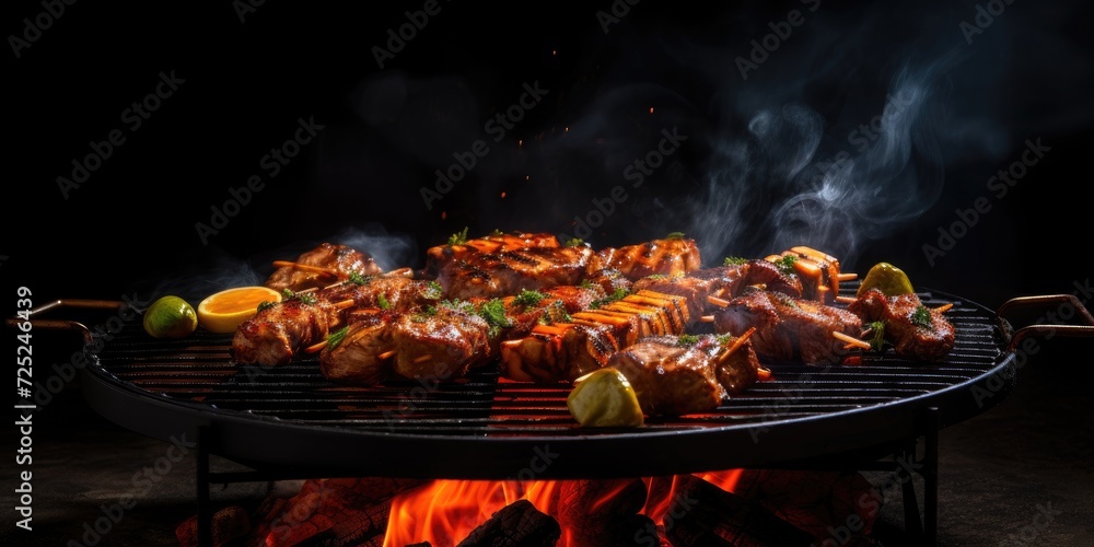 Barbecue grill with fire and charcoal on table, black background. Barbecue grill with fire and charcoal on table, black background.